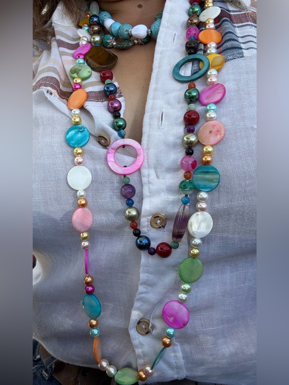 Set of 2 Colorful Multi-Shape Glass Beaded Women’s Necklaces.